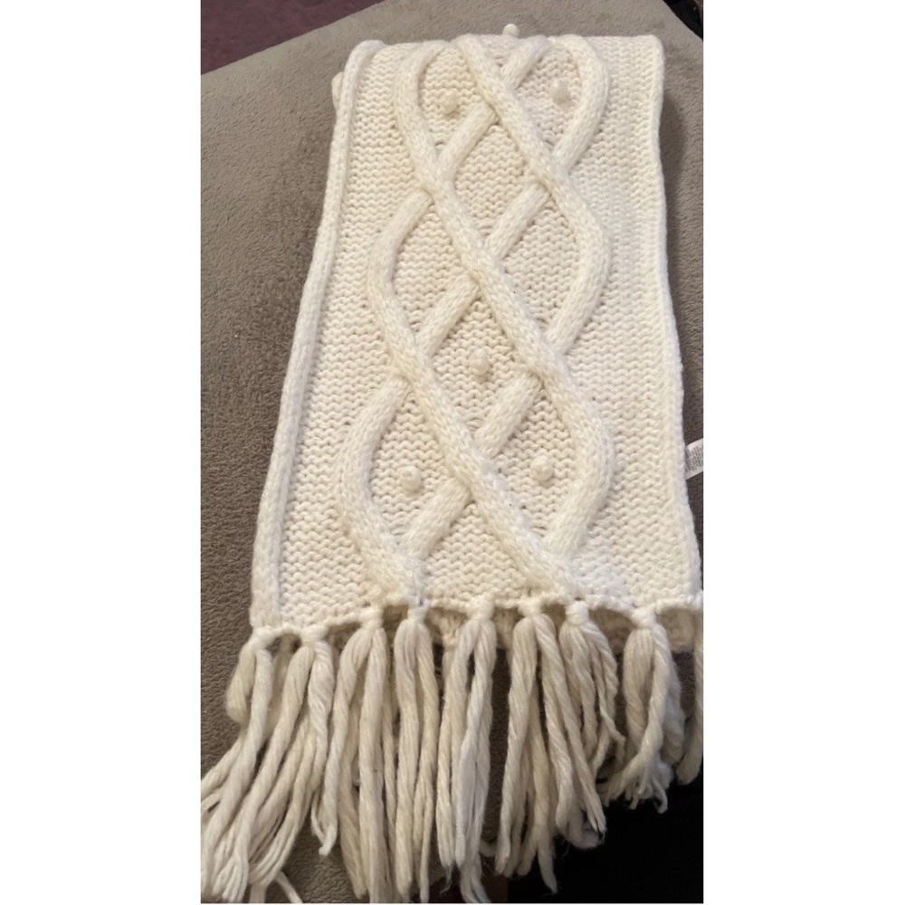 Aerie Scarf Womens Ivory Cream Chunky Cable Knit Bobble Tassel Fringe Winter - Picture 2 of 3